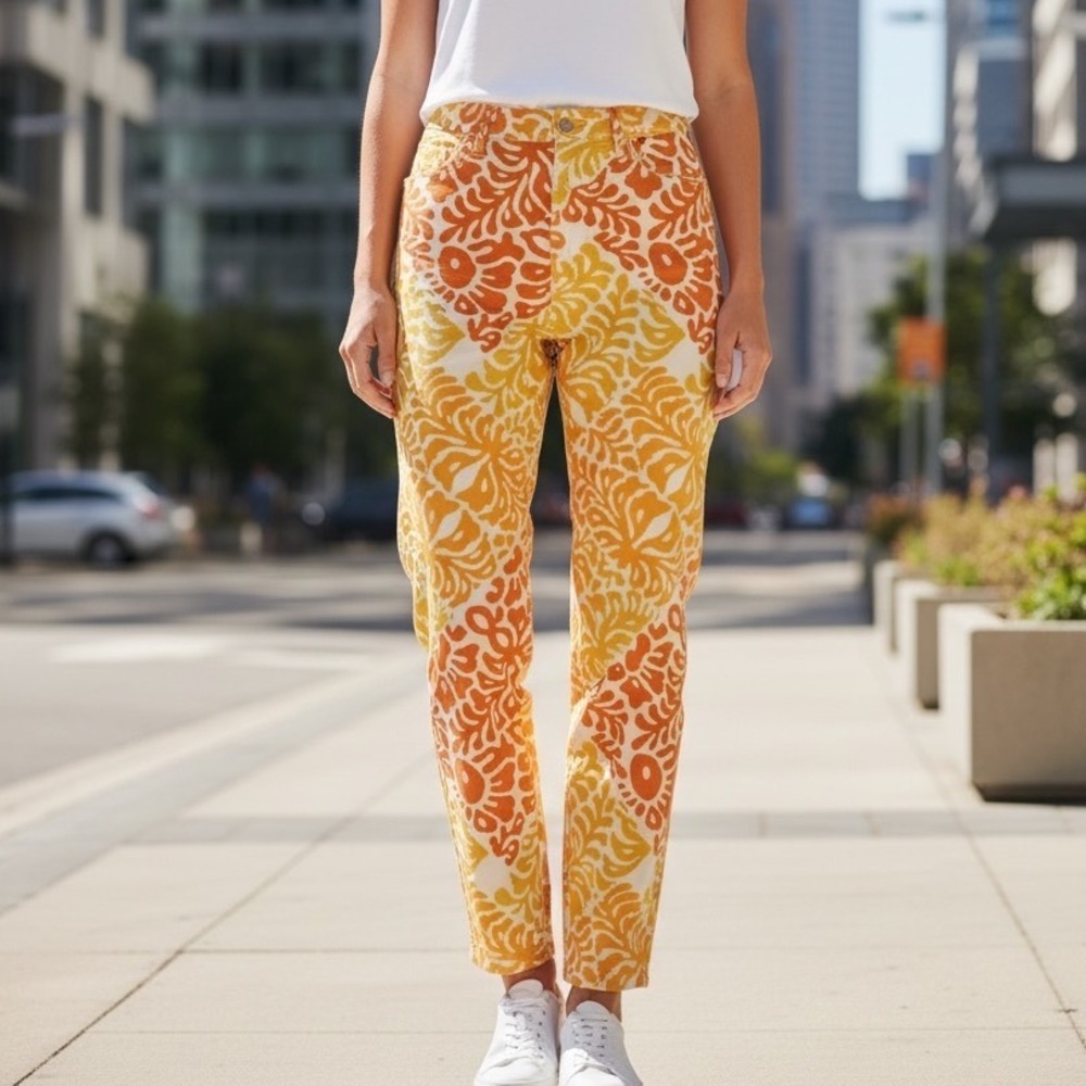 J.McLaughlin Women 2 Orange Yello Botanical Print Straight Leg Pants Psychedelic